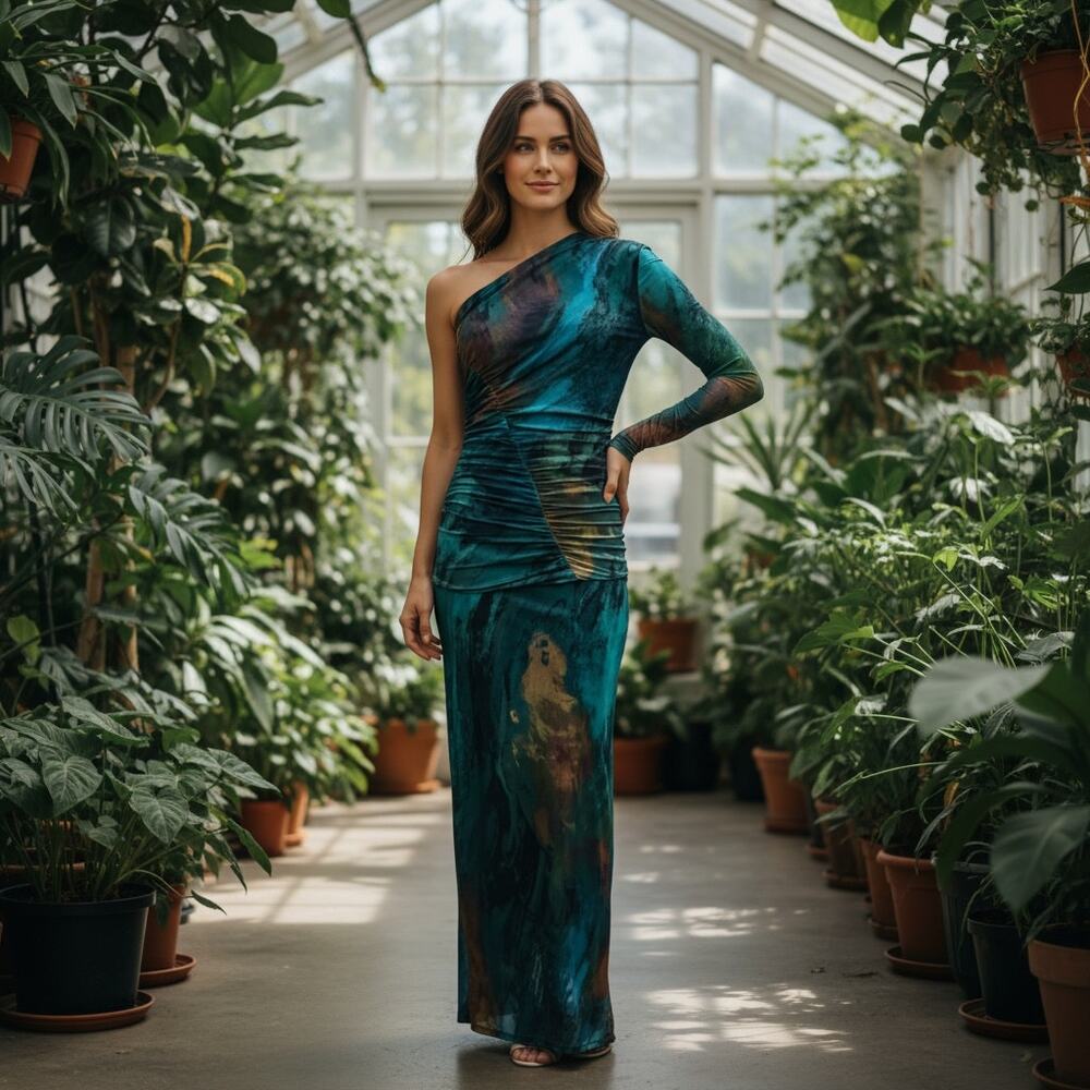 Zara Two Piece Set One Shoulder Top Maxi Skirt Green Abstrat Matching Set Size S